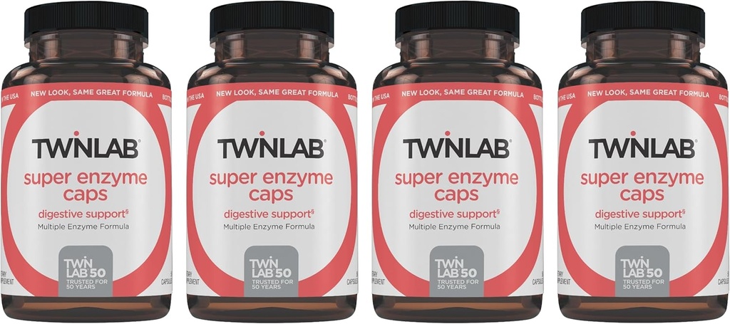 Twinlab Super Enzyme Caps - Forstoppelse Supplement med fordøjelsesenzymer - 50 kapsler (pakning med 4)
