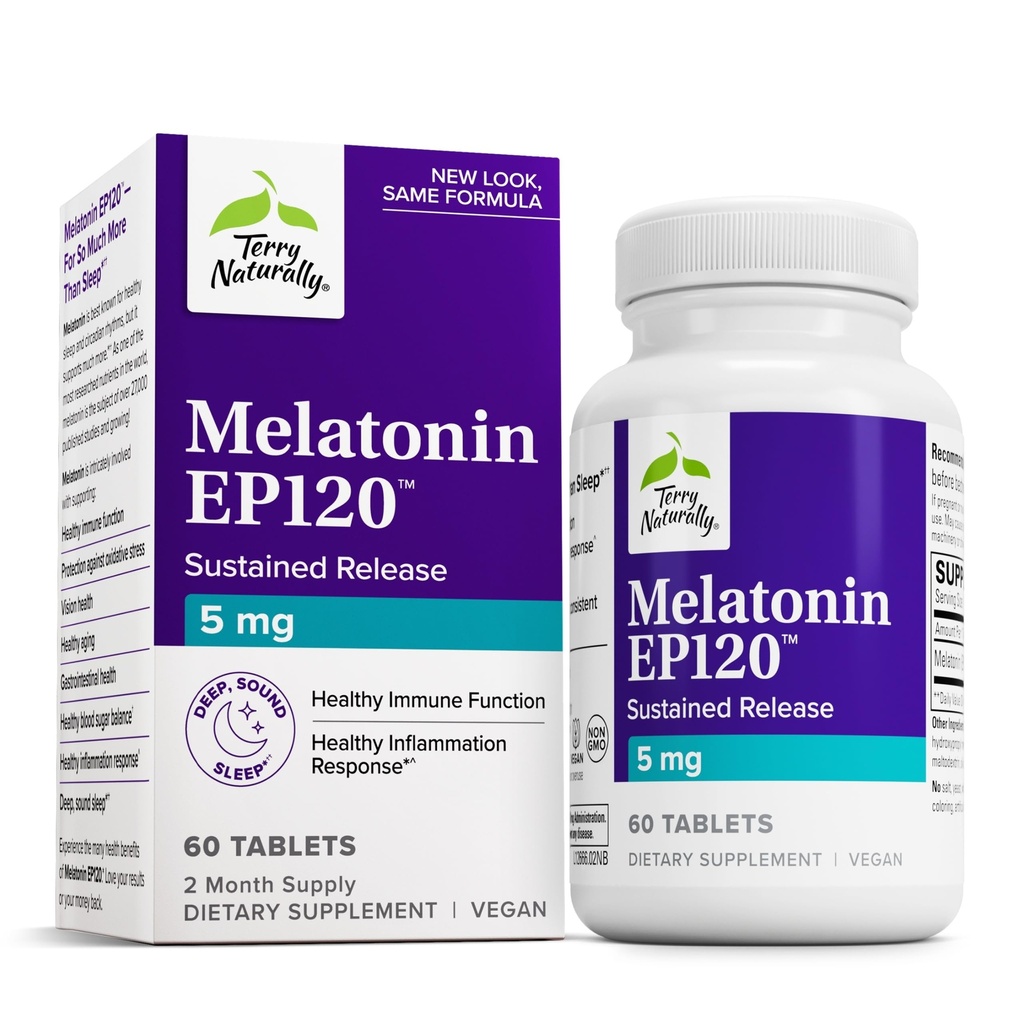 Terry naturligt Melatonin EP 120 5mg - Søvnstøtte supplement med antioxidanter - Glutenfrit supplement til sund søvn - Kosttilskud til sund aldring og immunforsvar - 60 tabletter