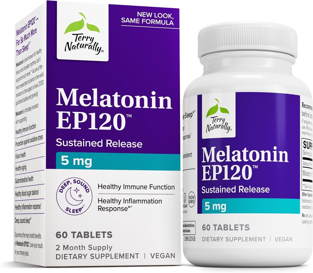 Terry naturligt Melatonin EP 120 5mg - Søvnstøtte supplement med antioxidanter - Glutenfrit supplement til sund søvn - Kosttilskud til sund aldring og immunforsvar - 60 tabletter