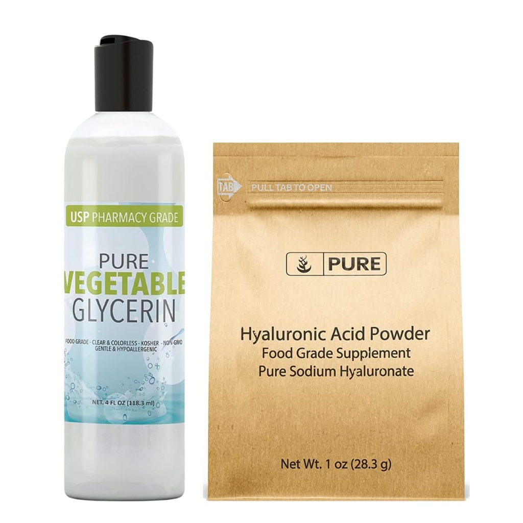 PURE ORIGINALSKE INGREDIENSER Hyaluronsyre og vegetabilsk glycerin Bundle, forskellige størrelser, Food Grade, Oderless