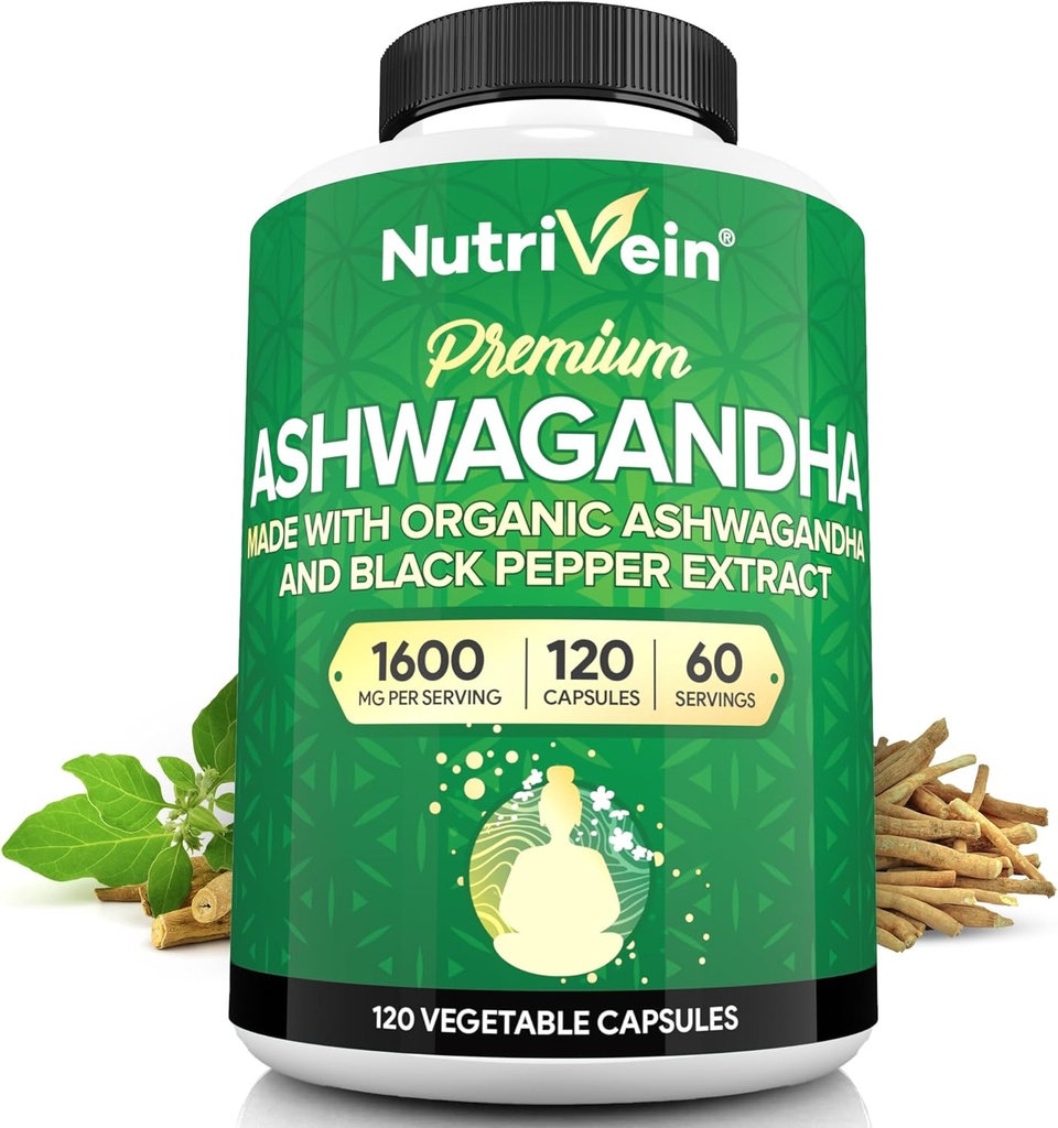 Nutrivein Ashwagandha for mænd og kvinder - 1600 mg - Forstærket med sort peber - Høj- Absorption Root Powder Ashwagandha Kosttilskud til mood balance, rolig søvn, & fokus - 120 Veganske kapsler