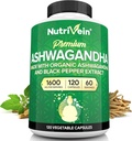Nutrivein Ashwagandha for mænd og kvinder - 1600 mg - Forstærket med sort peber - Høj- Absorption Root Powder Ashwagandha Kosttilskud til mood balance, rolig søvn, & fokus - 120 Veganske kapsler