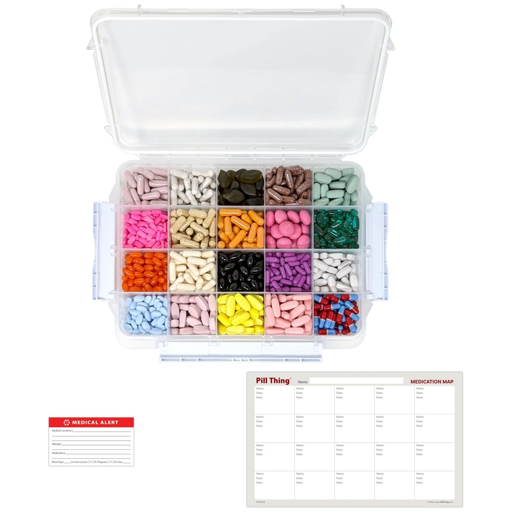 20 Segment Stor Pill sag med lufttæt forsegling - Silicone pakning vandtæt med boks med medicinering kort (20 Segment, 1 pakke)