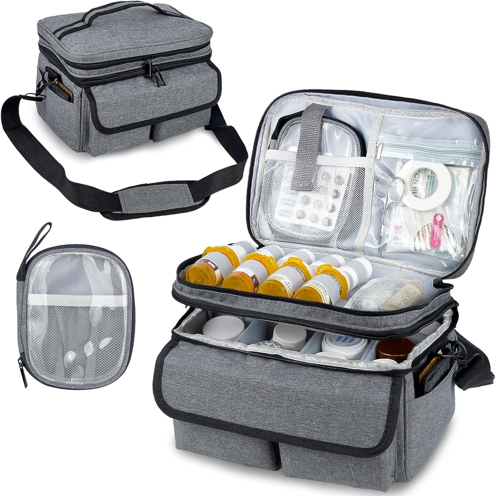 Medicine Storage Bag, Pill Flaske Organizer med skulderrem, Travel Medicine Organizer Box, Førstehjælp Kit med transportabel lille pose, Medication Flaske Organizer Tom grå