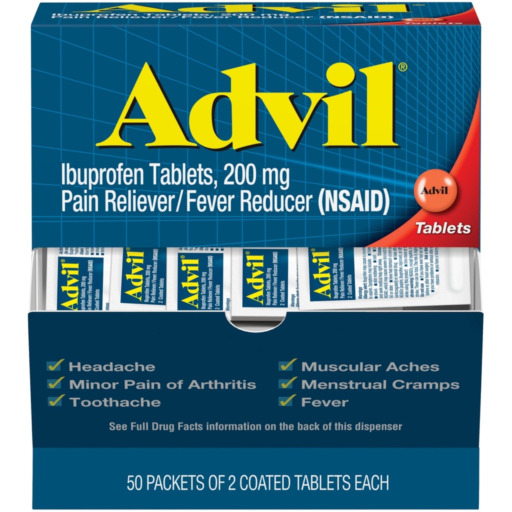 Advil Smerte Reliever og Fever Reducer, Smerte Relief Medicin med Ibuprofen 200mg for Hovedpine, Backache, Menstruel Smerte og Fælles Smerte Relief - 50x2 overtrukne tabletter