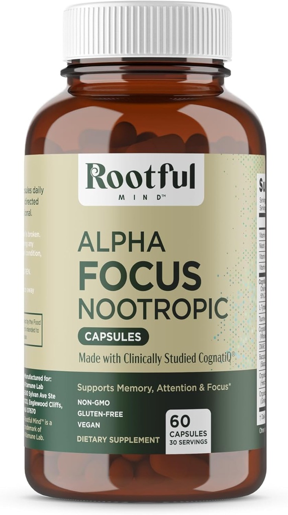 Alpha Focus Nootrop - Memory and Focus Brain Booster Supplement med Cholin, Citicolin, GPC, L-Tyrosine, Bacopa Monnieri, DMAE, Gingko Biloba, Lions Mane, Niacinamid - 60 kapsler