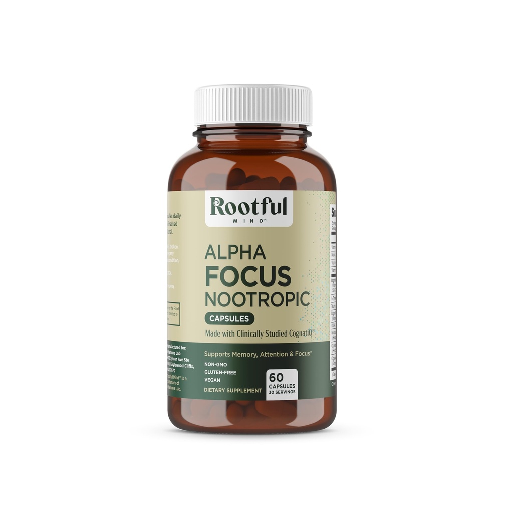 Alpha Focus Nootrop - Memory and Focus Brain Booster Supplement med Cholin, Citicolin, GPC, L-Tyrosine, Bacopa Monnieri, DMAE, Gingko Biloba, Lions Mane, Niacinamid - 60 kapsler