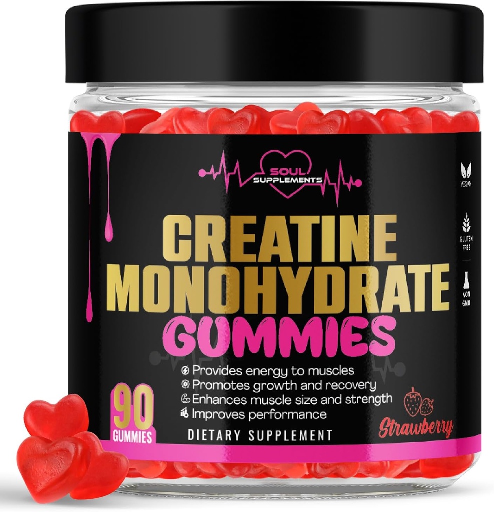 Generisk Creatin Monohydrat Gumier for muskel opsving, muskel gevinst og styrke, energi fokus og hjerne sundhed, glutenfri, ikke GMO, vegansk supplement til mænd og kvinder, 30 portioner 90 ct