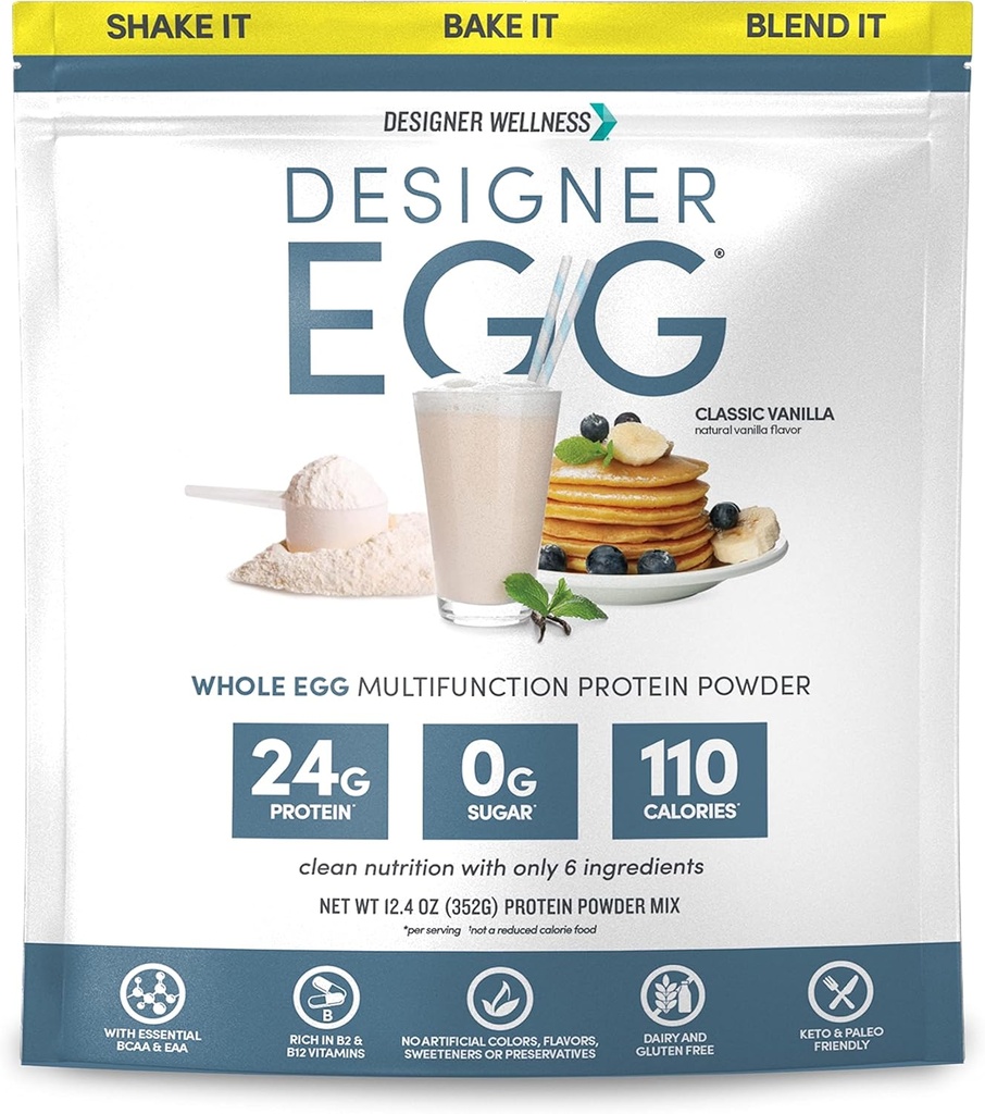 Designer Wellness, Designer Egg, Natural Egg Yolk & Egg White Protein Powder, Keto og Paleo Friendly, Low Calorie, Mindre fedt og Cholesterol, Classic Vanilla, 12,4 Ounce