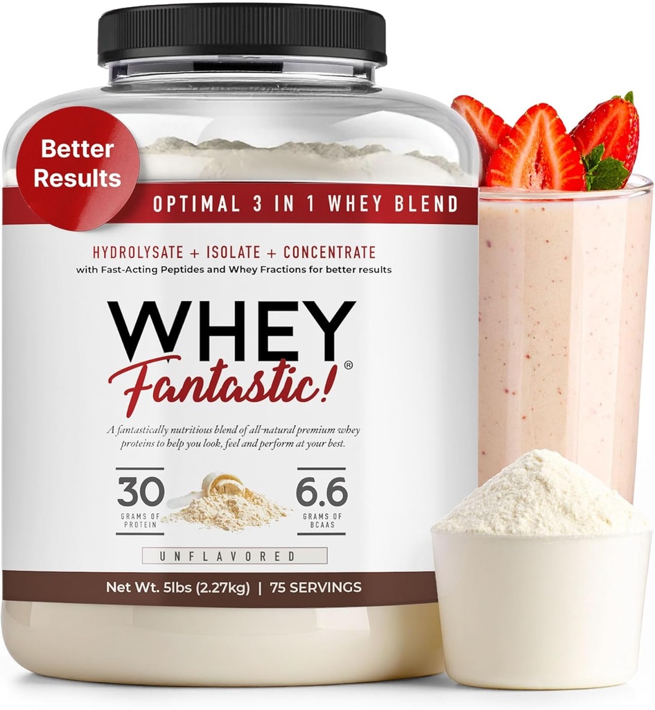 3-in-1 Whey Protein Powder Unflavored 5lb - 30g af Grass- Fed Protein fra Whey Hydrolysat, Isolat og koncentrat per servering - Non-GMO, Soy- Free, Sugar- Free - 63 Servere