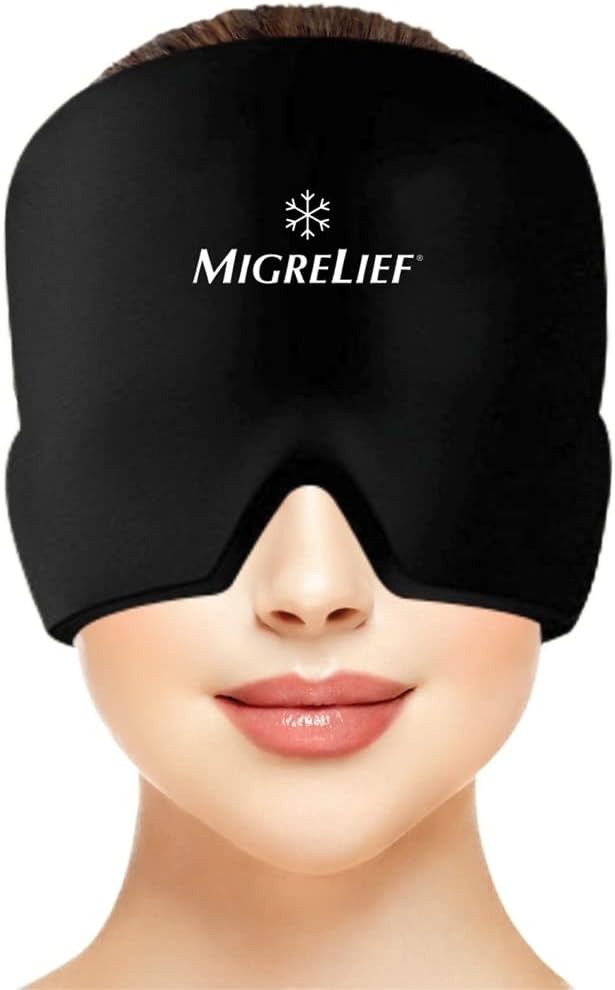 Migrelief Migræne Relief Cap - Ice Cap for Migræne og Hovedpine med 360 grader hoved og øjendækning - Kold terapi Hovedpine Hat og Migræne Mask for naturlige smerter Relief - One Size, Black