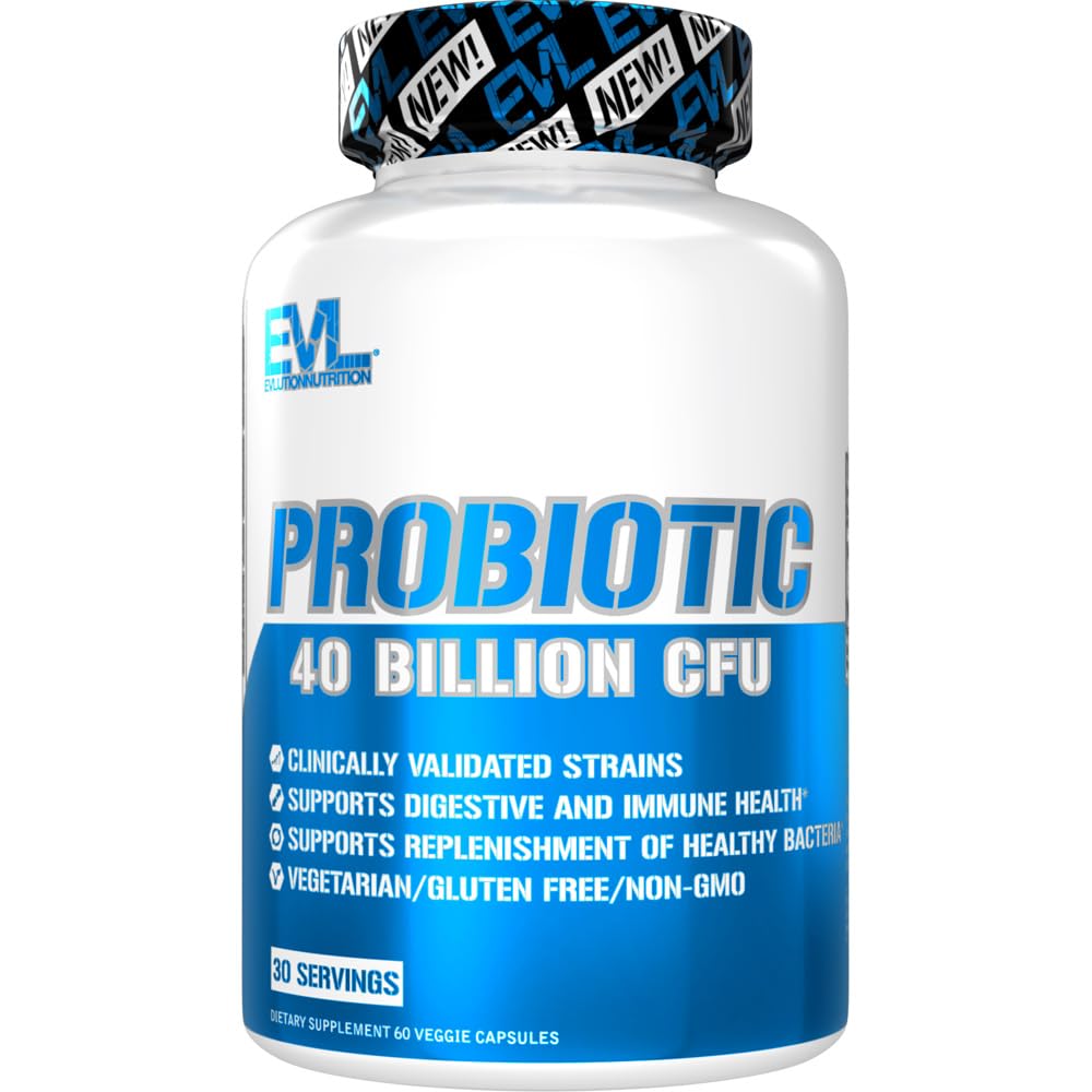 Evolution Nutrition Probiotic - 40 Millioner CFU - Understøtter fordøjelsessygdomme + immunsundhed - Probiotisk supplement til mænd og kvinder - Vegetarisk, Gluten Free & Non- GMO - 30 Servering - 60 Veggie kapsler