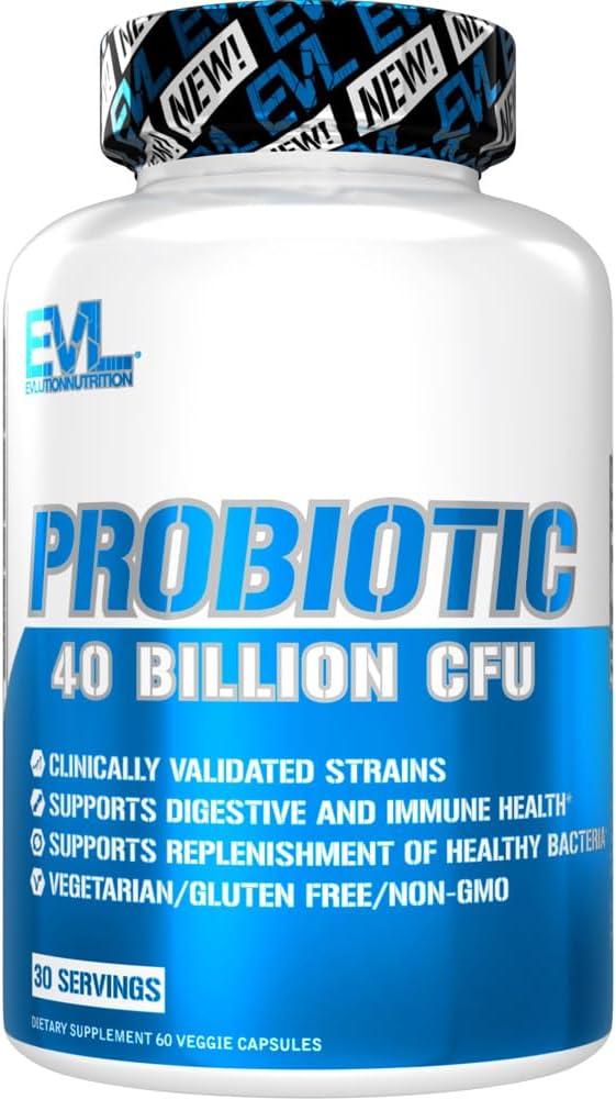 Evolution Nutrition Probiotic - 40 Millioner CFU - Understøtter fordøjelsessygdomme + immunsundhed - Probiotisk supplement til mænd og kvinder - Vegetarisk, Gluten Free & Non- GMO - 30 Servering - 60 Veggie kapsler