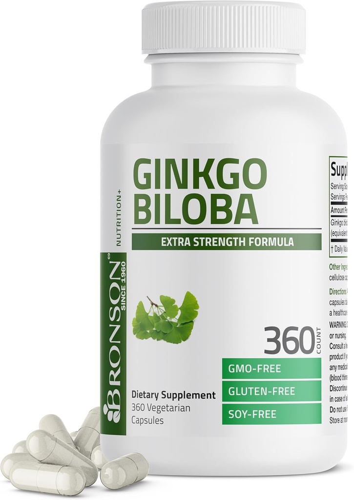 Bronson Ginkgo Biloba Extra Strength Understøtter Brain Function & Memory Support, 360 Vegetariske Kapsler