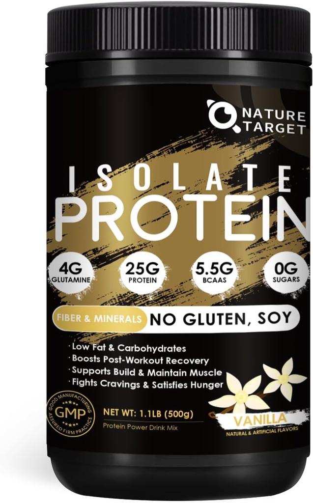 NATUR TARGET Isolere Whey Protein Powder Vanilla, 25g Protein Low Carb Sugar- Free & Gluten- Free, 5,5g BCAAs, Rig i fibre & mineraler, 1.1 Pund, 16 Serveringer