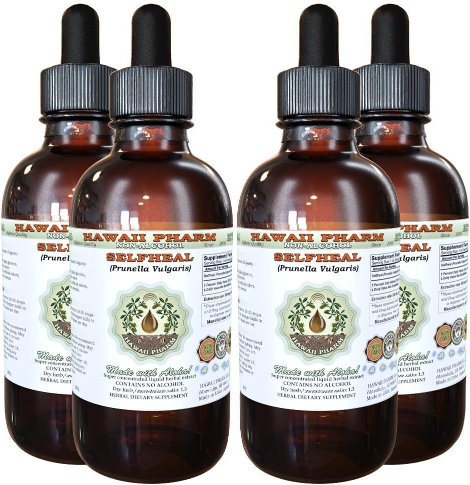 Selfheal Alkohol- Free Liquid Extract, Organic Selfheal (Prunella Vulgaris) Tørret Herb Glycerite Natural Herbal Supplement, Hawaii Pharm, USA 4x4 fl.oz