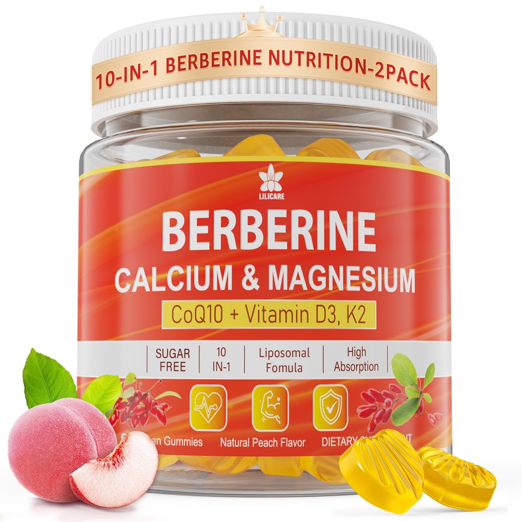 Berberine Supplement Gummies Sugar Free, Extra Absorption with Liposomal Berberine & Berberine HCI, Calcium, Magnesium, AMPK Activitor for Sugar & Level, Immunation, Energy, Metabolisme - pakning med 2 stk.