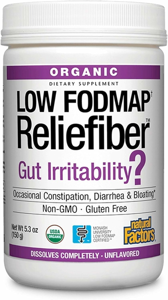 Natural Factors Organic Low FODMAP Reliefiber Powder - Digestive Health Support Supplement with Dietary & Soluble Fiber - Gut Health Support Aids Mild Bloating - Unflavored, 150 g (30 Servings)