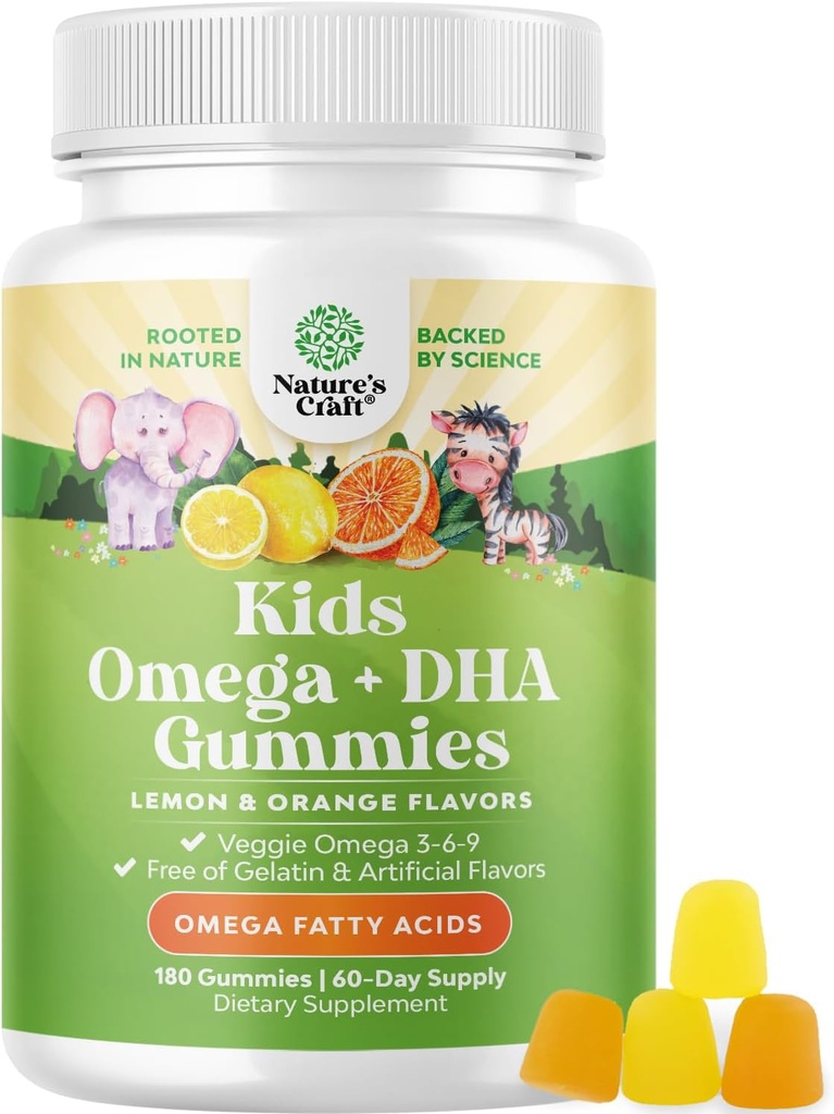 Omega DHA Gummies for Kids - Fedtsyrer Omega 3 6 9 med C-vitamin til hjerne, immunitet & Vision - Nutritional DHA for Kids for Sund Nervesystem & Focus Support - Fish Free & Vegan - 180 Chews