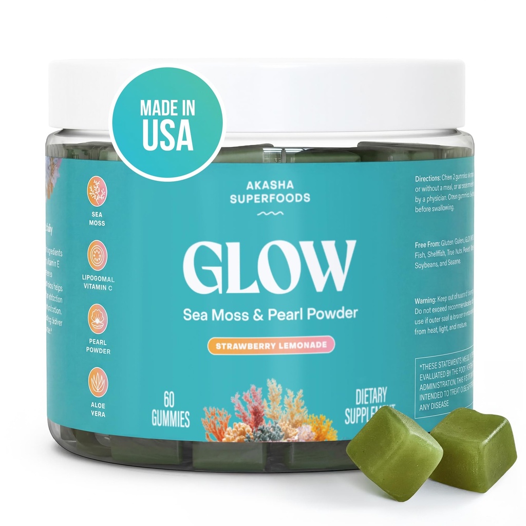 Akasha Superfoods Sea Moss Glow Gummies, Hår, Hud & Nails Vitaminer med Seamoss, Pearl Powder, Vitamin E, Aloe Vera, Liposomal Vitamin C, og Irish Sea Moss, Gummies for Women & Men, 60 Greve
