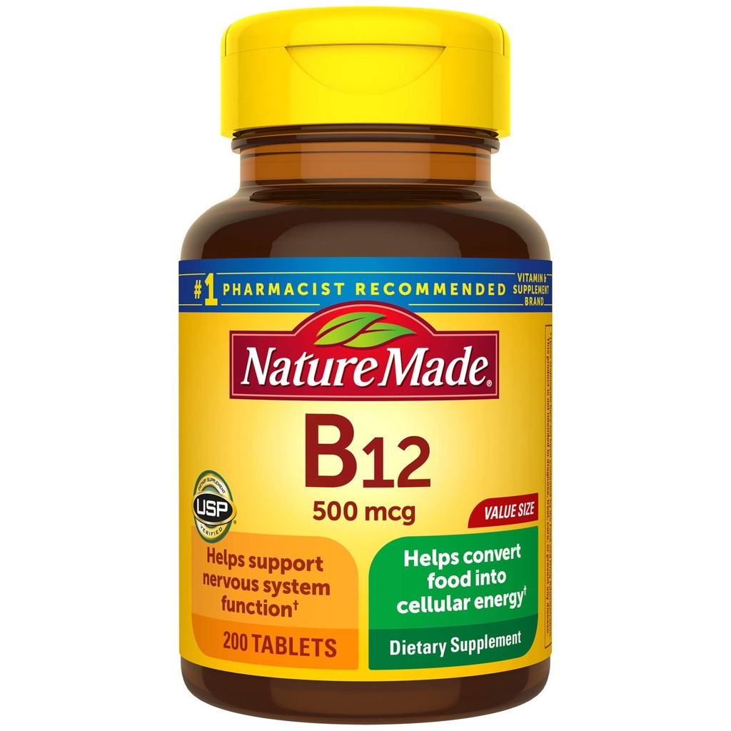 Vitamin B12 500 mcg Tablets, 200 Count for Metabolic Health