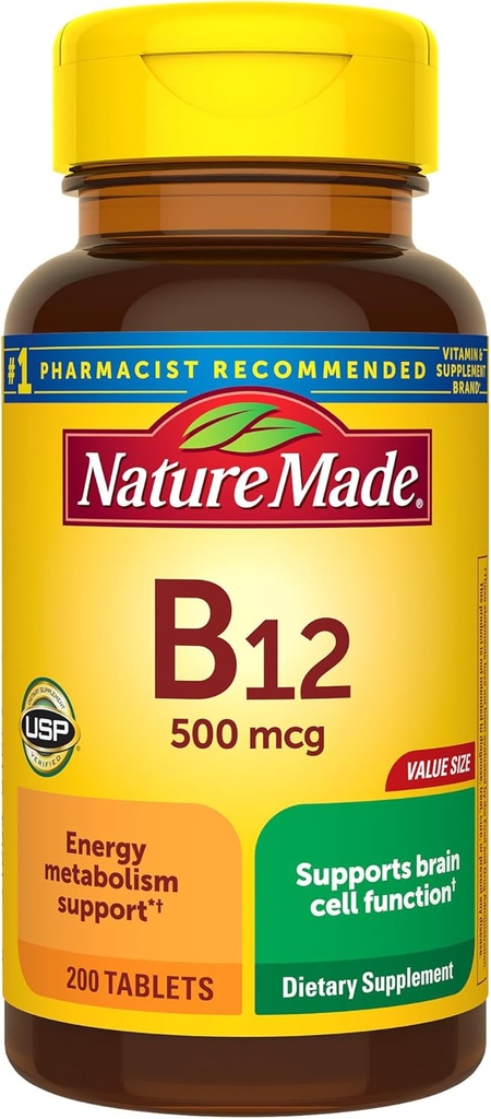 Nature Made Vitamin B12 500 mcg, Kosttilskud til energi Metabolisme Support, 200 tabletter, 200 dages forsyning