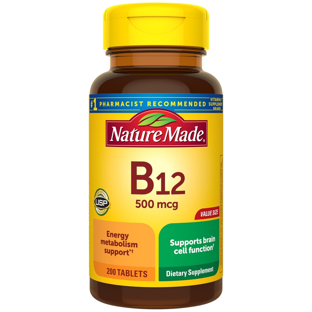 Nature Made Vitamin B12 500 mcg, Kosttilskud til energi Metabolisme Support, 200 tabletter, 200 dages forsyning