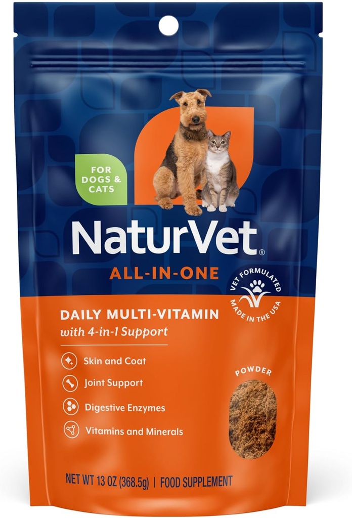 NaturVet All- in- One Dog Supplement - for fælles støtte, fordøjelse, hud, Coat Care - hund Multivitaminer med mineraler, Omega-3, 6, 9 - Wheat- Free Vitaminer til hunde - 13 -Ounce Powder