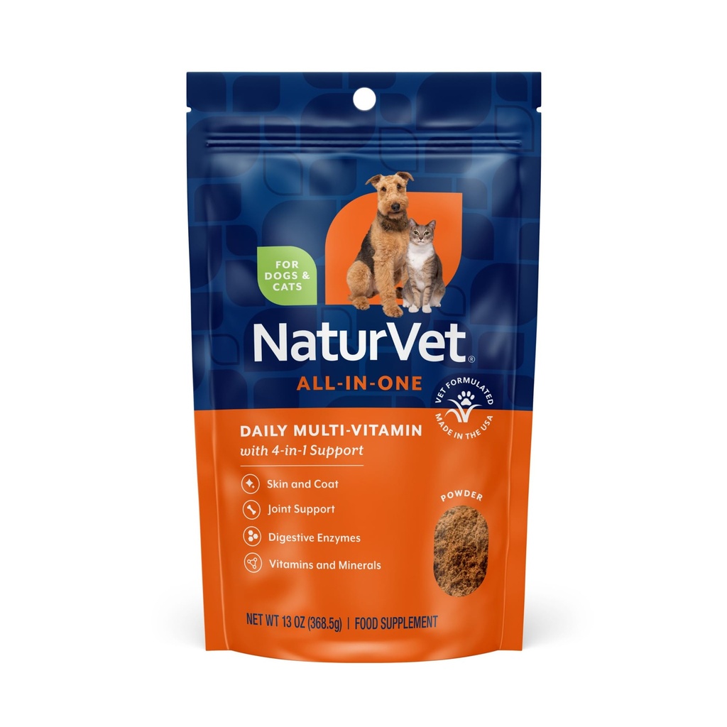 NaturVet All- in- One Dog Supplement - for fælles støtte, fordøjelse, hud, Coat Care - hund Multivitaminer med mineraler, Omega-3, 6, 9 - Wheat- Free Vitaminer til hunde - 13 -Ounce Powder