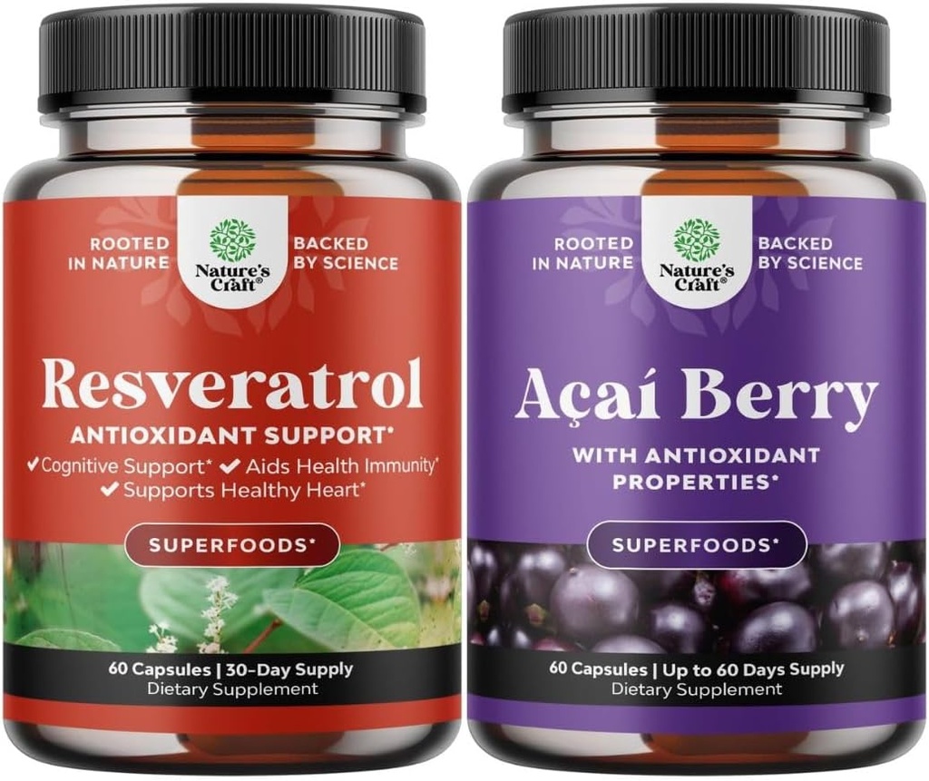 Bundle af Resveratrol kapsler med AMPK metaboliske aktivator for Metabolisme Boost & Cellular Effektivitet og Acai Berry Antioxidant Support til kvinder og mænd for immunsystemet og kognitiv sundhed