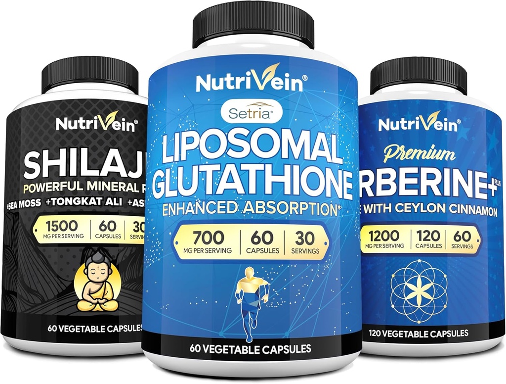 Nutrivein Premium Shilajit kapsler, Liposomal Glutathione tillæg, & Berberine supplement Bundle: Berberine, Glutathione, & Shilajit kapsler til mænd og kvinder - Metabolisme, Vitality, & Balance