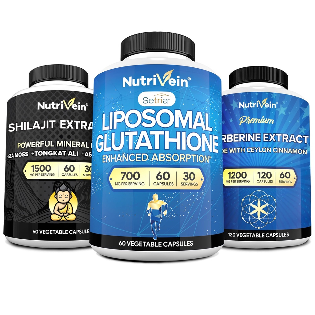 Nutrivein Premium Shilajit kapsler, Liposomal Glutathione tillæg, & Berberine supplement Bundle: Berberine, Glutathione, & Shilajit kapsler til mænd og kvinder - Metabolisme, Vitality, & Balance