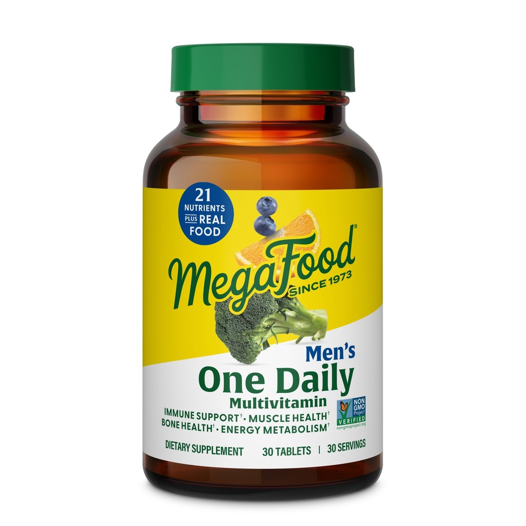 MegaFood One Daily Herre Multivitaminer - Multivitamin for mænd - C-vitamin, D3-vitamin og B12-vitamin - Muskel, Energi Metabolisme og immunforsvar - Vegetarisk, Gluten Free - 30 tabletter, 30 servering