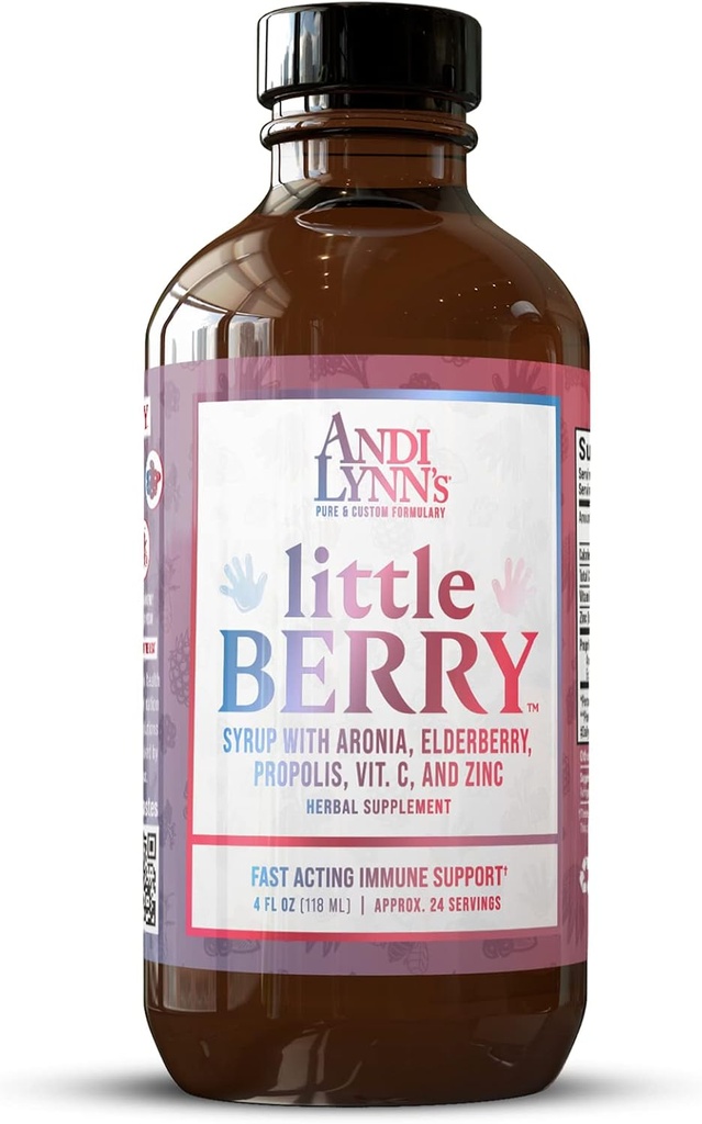 Andi Lynns LittleBerry, Elderberry Syrup til børn - Organic Vitamin C & Zink, Urtetilskud - Fast- Fungerende immunforsvar, 4oz - Pure Elderberry Syrup til børns wellness