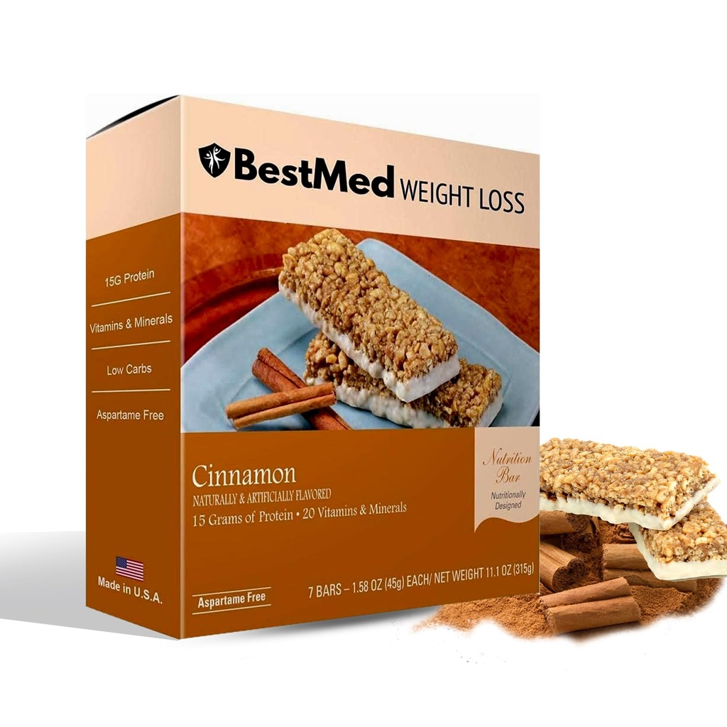 BestMed - High Protein Nutrition Bar - Low- Carb, 15g Protein, Low Sugar, Low Calorie, Meal Erstatning Bar (kanel, 1 Box - 7 Greve)