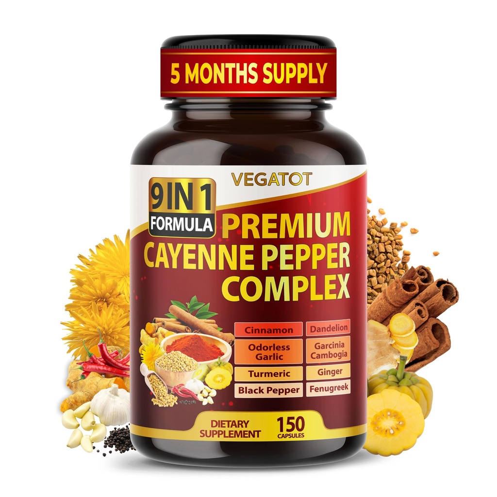 Organic Cayenne Pepper 9IN1 Kompleks med kanel, Ingefær, Gurkemeje for total sundhed, immunsystem, fordøjelse Wellness (150 greve (pakke med 1))