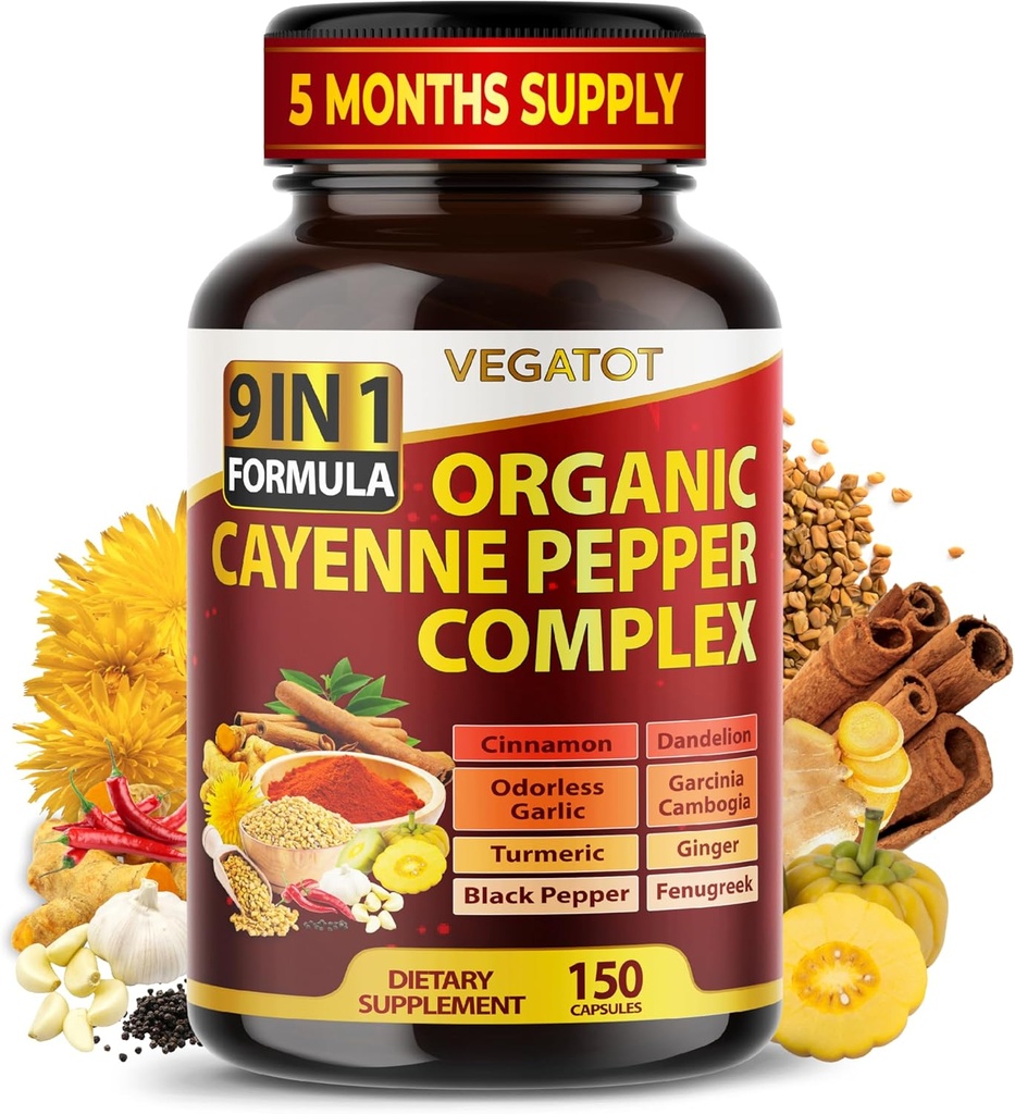 Organic Cayenne Pepper 9IN1 Kompleks med kanel, Ingefær, Gurkemeje for total sundhed, immunsystem, fordøjelse Wellness (150 greve (pakke med 1))