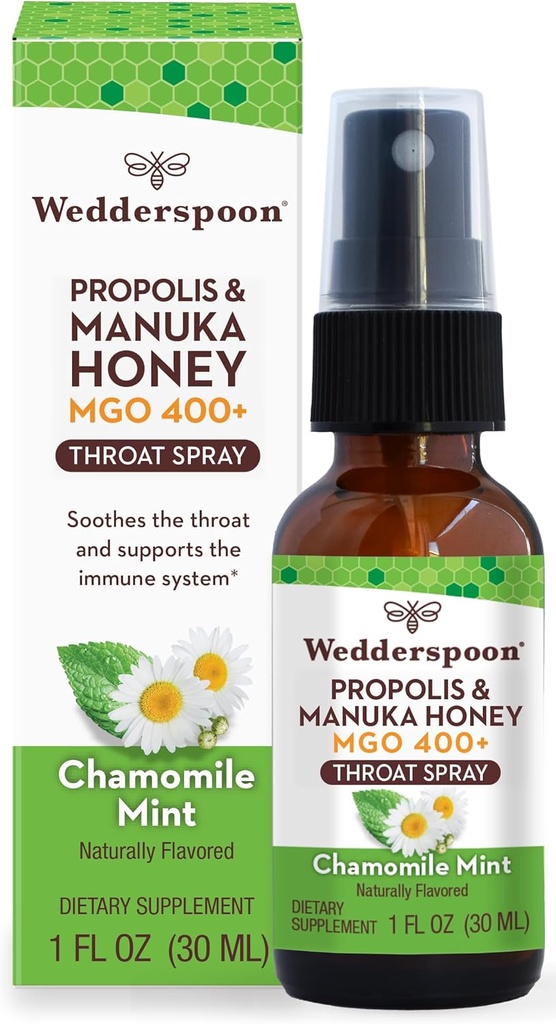 Wedderspoon Propolis og Manuka Honey Throat Spray, Kamille & Mint, 1 Fl Oz (pakke med 1), Sore Throat Relief, Natural immunforsvar