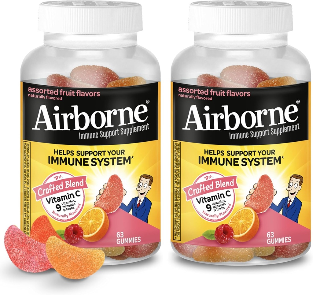 Airborne 750mg C-vitamin Gummies til voksne, immunsupport gummies med stærke antioxidanter VIT C & E, koffein fri - 2x63ct flaske (42 Servere), Diverse frugtsmag