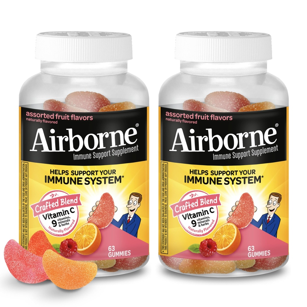 Airborne 750mg Vitamin C Gummies for Adults, Immune Support Supplement with Powerful Antioxidants Vitamins A C & E - 2x63ct Bottles (126 Gummies), Assorted Fruit Flavor