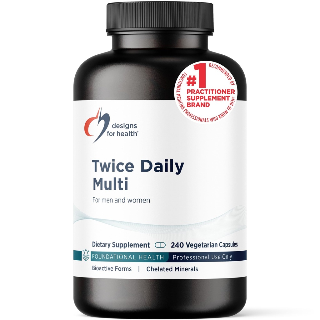 Design til sundhed Methylerede Multivitamin for kvinder & mænd - To gange dagligt multimineral supplement & Multivitamin uden jern + Methylerede B12 og folat, C-vitamin, K, D, E + mere (240 kapsler)