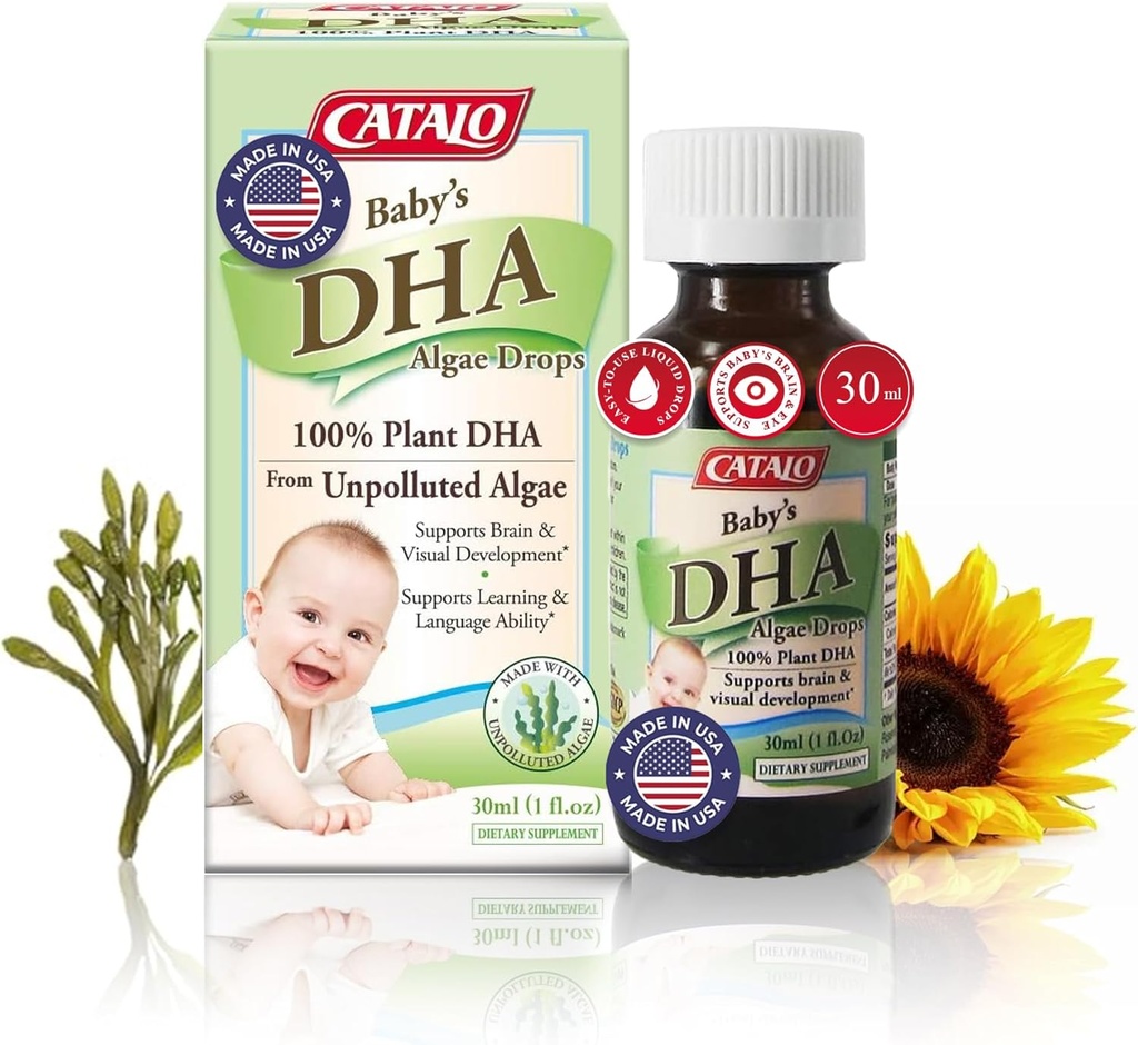 CATALO Baby 's Algae DHA Drops - Plant- baseret Omega-3 supplement til spædbørn - Ingen fiskeolie, ingen kunstige tilsætningsstoffer - Easy- to- brug flydende DHA kosttilskud - 30 ml (1 fl oz)