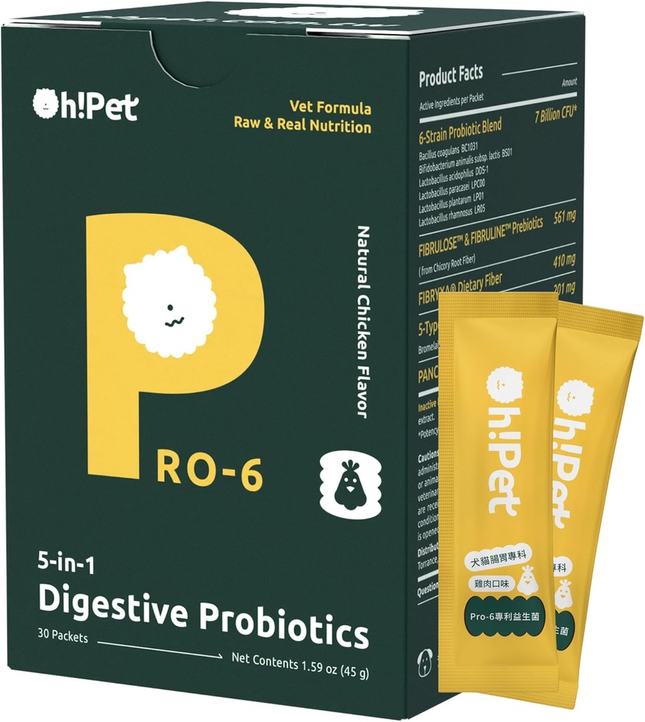 Oh! Pet ® 5- in-1 fordøjelsesfremmende probiotika - 7B CFU pulver til hunde & katte med Prebiotika & enzymer (kylling, 30 Pakker)