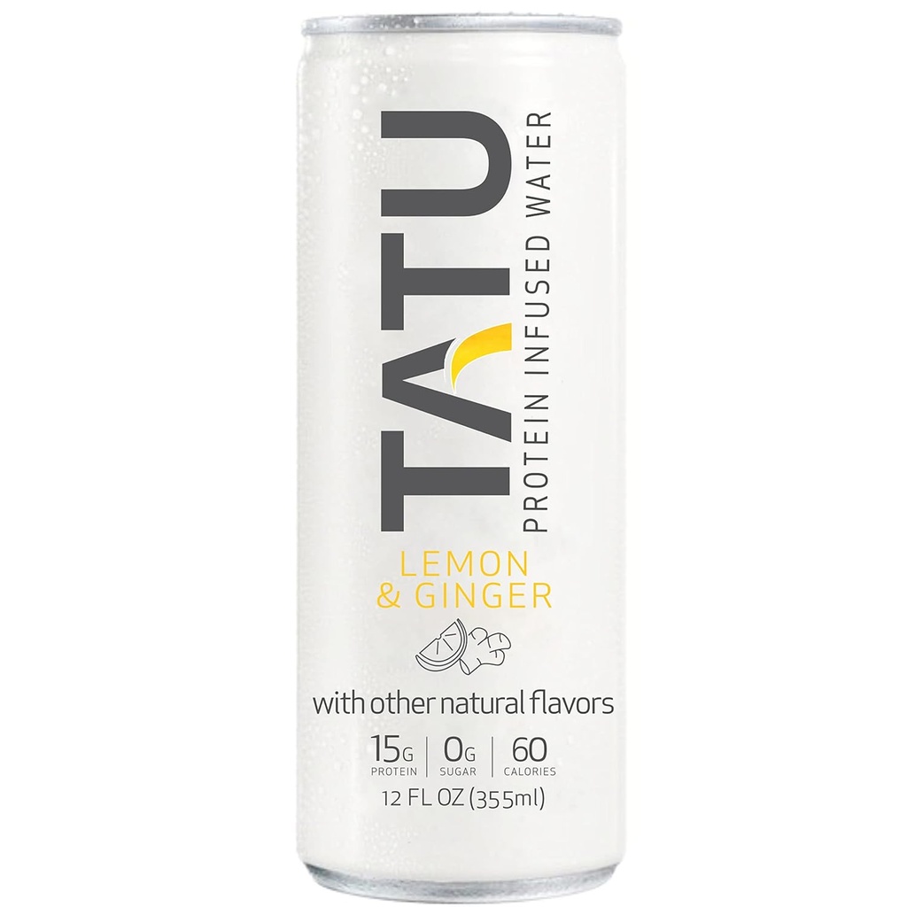 TATU Ready- To- Drink Protein Infunded Water Lemon Ginger 24 Pack. 15 gram valleprotein isolat, 0 gram sukker, kun 60 kalorier. Lemon Ginger og Orange Mango. Gluten Free, laktosefri.