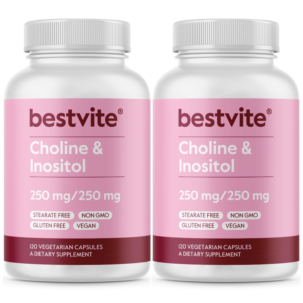 BESTVITE Cholin Inositol 500mg (240 vegetariske kapsler) (120 x 2) - Ingen stearater - Ingen Dicalcium Phosphat - Ingen Fillers - Vegan - Ikke GMO - Gluten Free