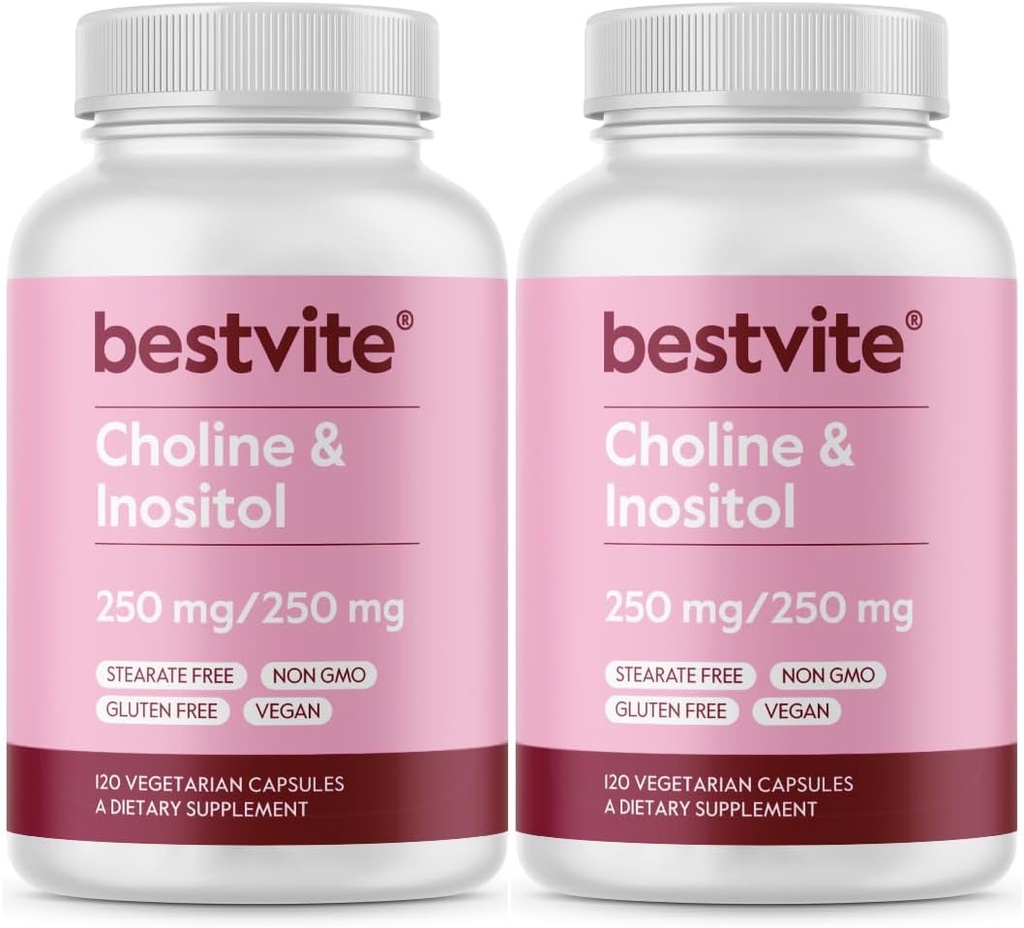 BESTVITE Cholin Inositol 500mg (240 vegetariske kapsler) (120 x 2) - Ingen stearater - Ingen Dicalcium Phosphat - Ingen Fillers - Vegan - Ikke GMO - Gluten Free