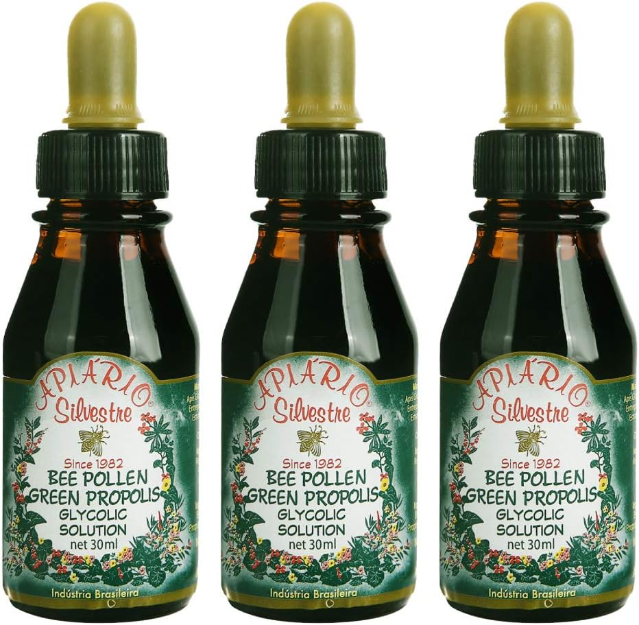 3 Flasker af Apiario Silvestre Bee Pollen & Brasilien Green Bee Propolis Flydende - Glycolsk Ekstrakt-Non Alkoholic, Wax Free, Sugar Free
