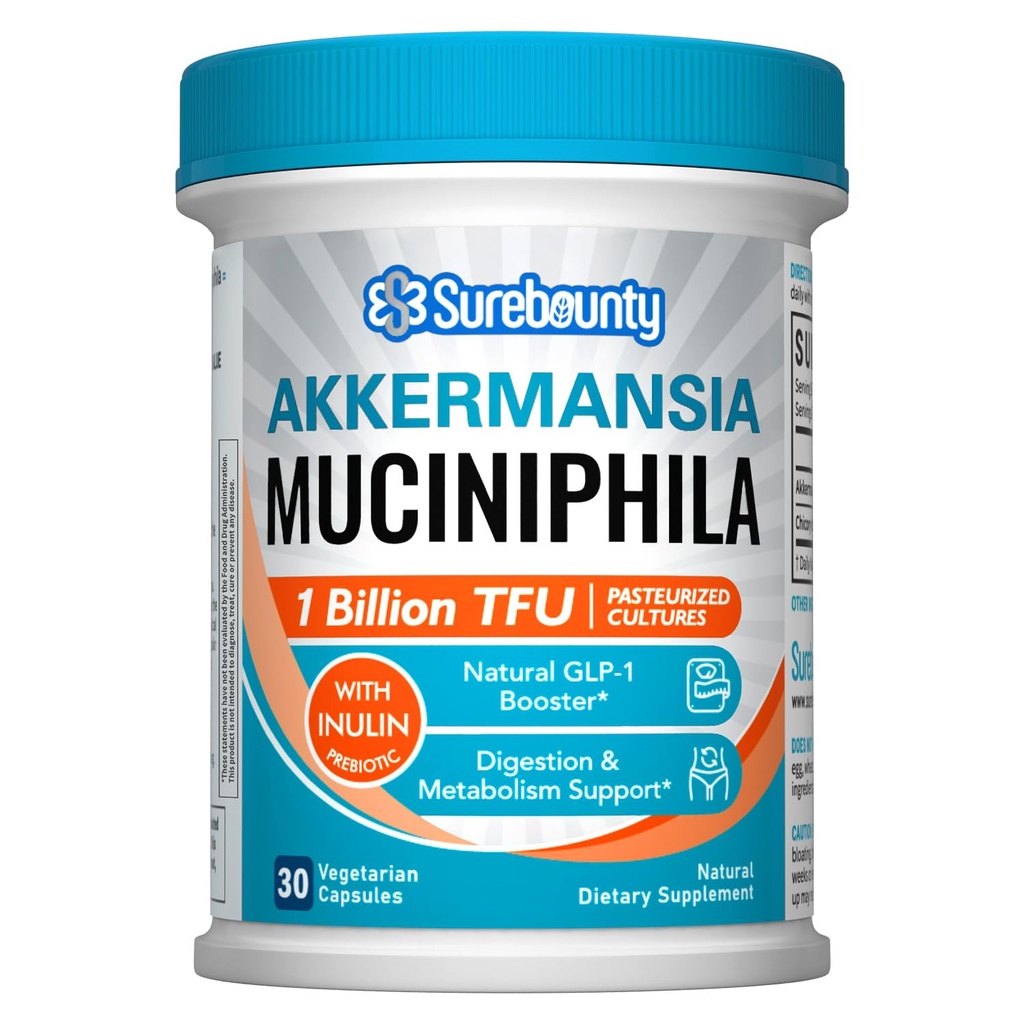 Akkermansia Probiotisk GLP-1, 1 billion TFU, Akkermansia Muciniphila med Prebiotic Inulin Fiber, Gut Sundhed for mænd og kvinder, Vegan, Non- GMO, 30 Caps