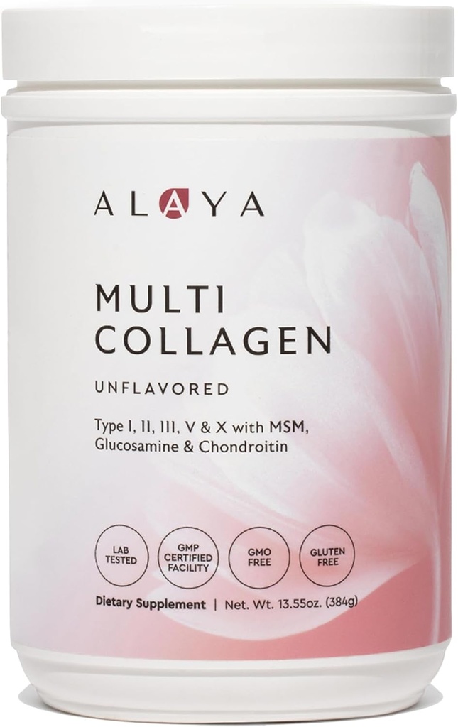 Alaya Multi Collagen Powder - Type I, II, III, V, X Hydrolyzed Collagen Peptides Protein Powder Supplement with MSM + GC (Unflavored) (40 Servings)