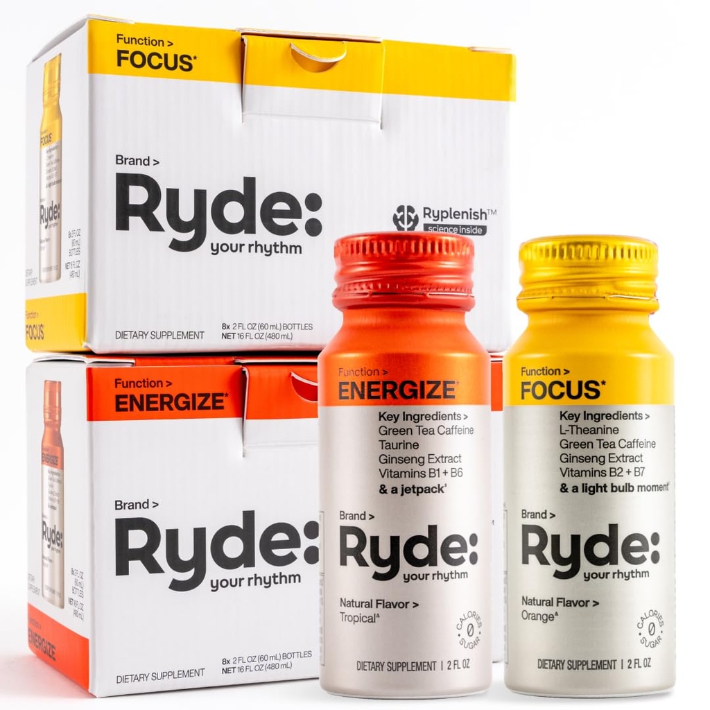 RYDE Shots - 124; Energize + Focus - 124; Essential B Vitamin og Koffein - 124; Zero Calories, Zero Sugar - 124; pakning med 16